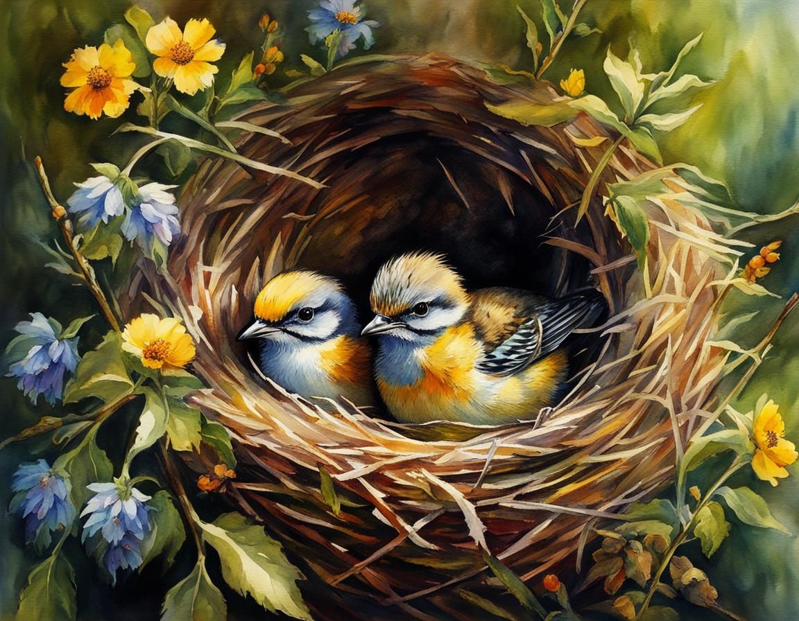 Baby Birds in Nest: Folk Art Watercolor
