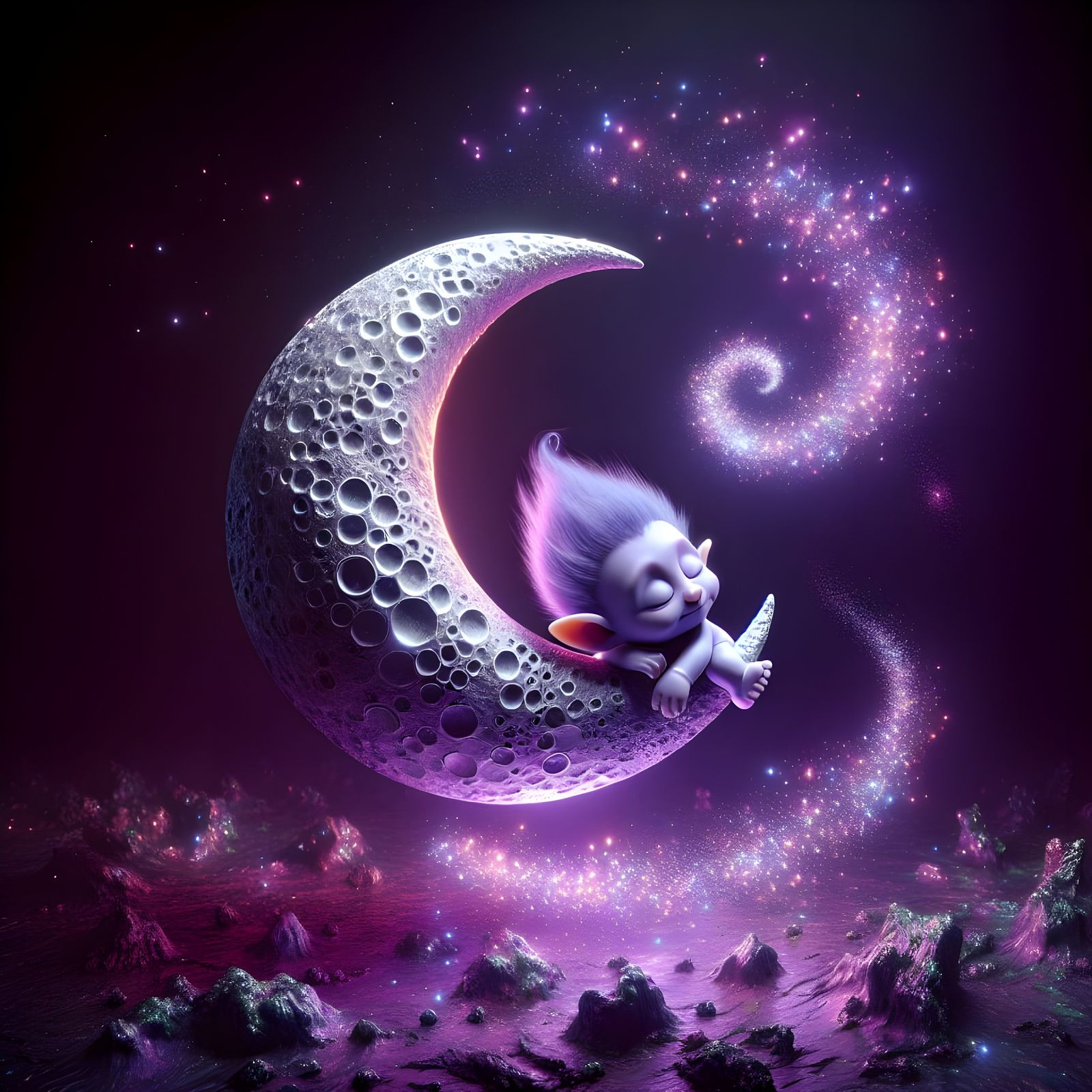 Dreamy Nighttime Scene with a Sleeping Troll on a Celestial....