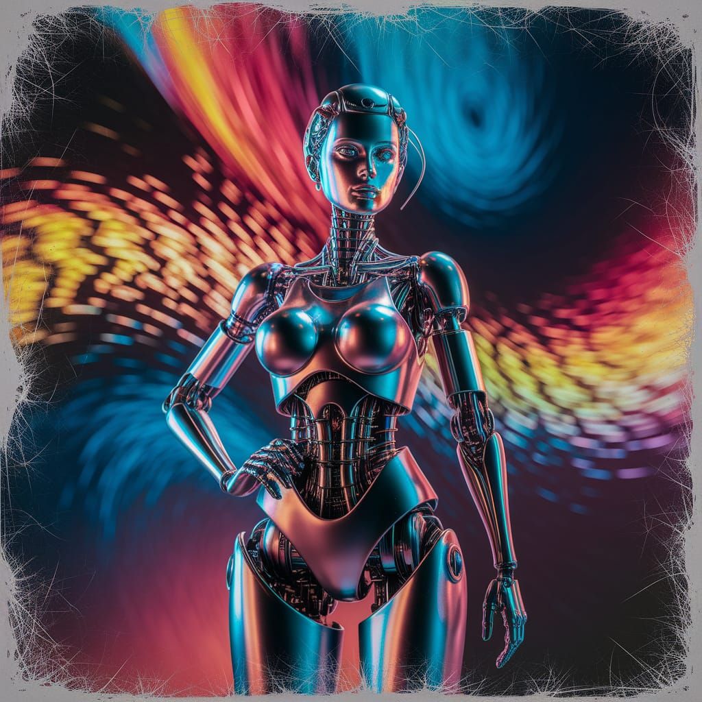 Mechanical Woman Defies Vibrant Hues in Splash Art Style