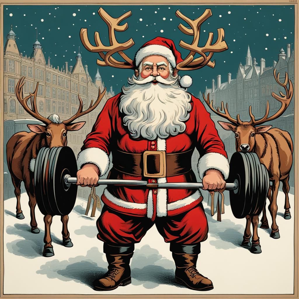 Santa Claus Lifting Weights in Victorian London