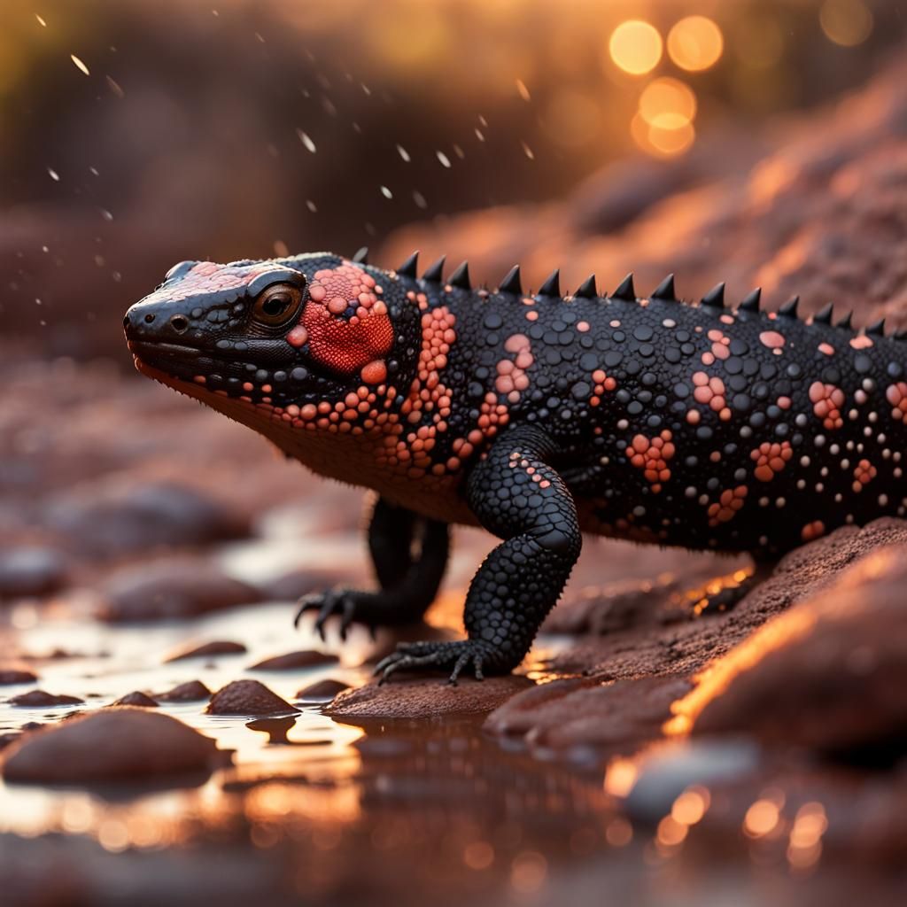 Gila Monster Lizard in Southwest Canyon at Golden Hour
