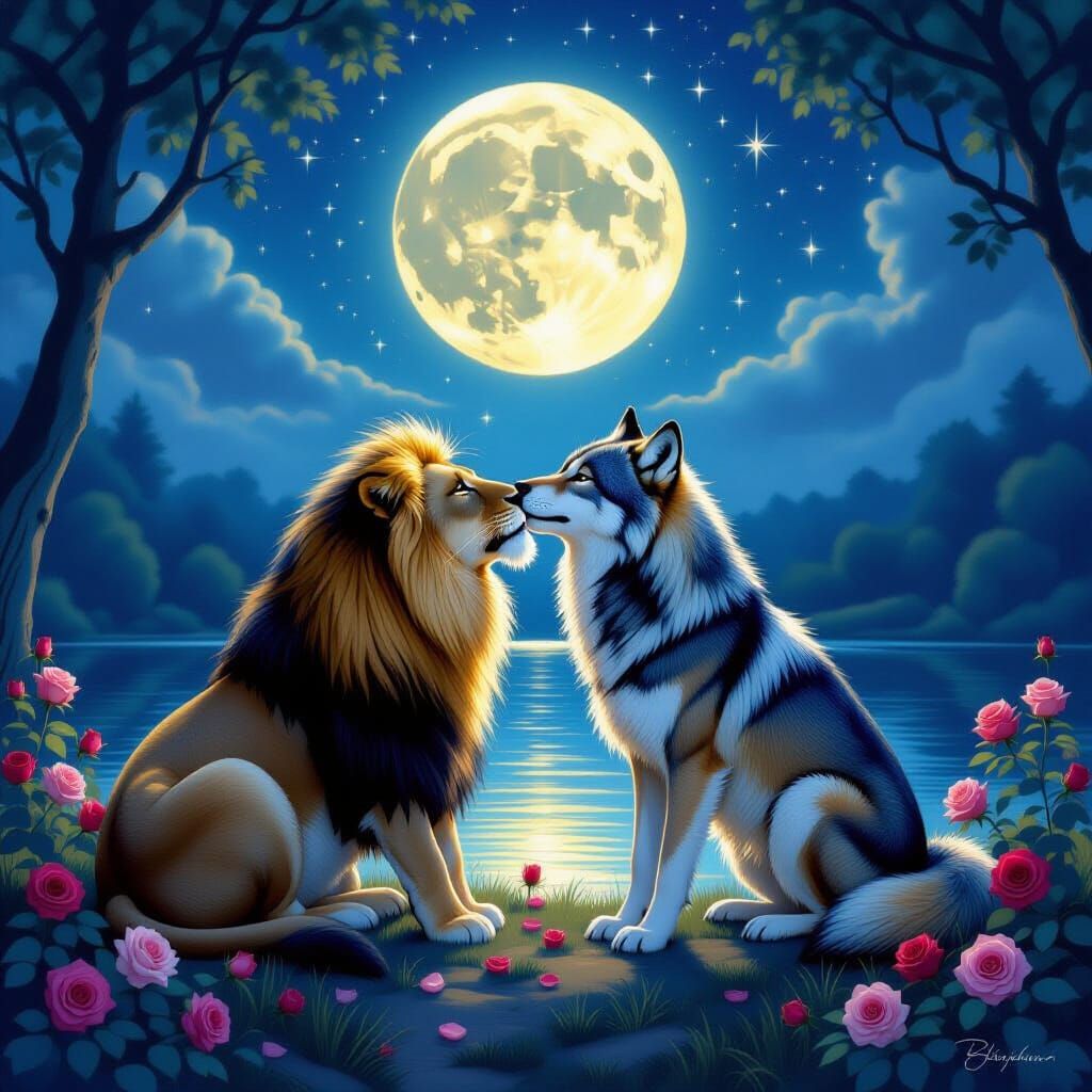 Lioness and Wolf Mates Kissing Under Moonlight