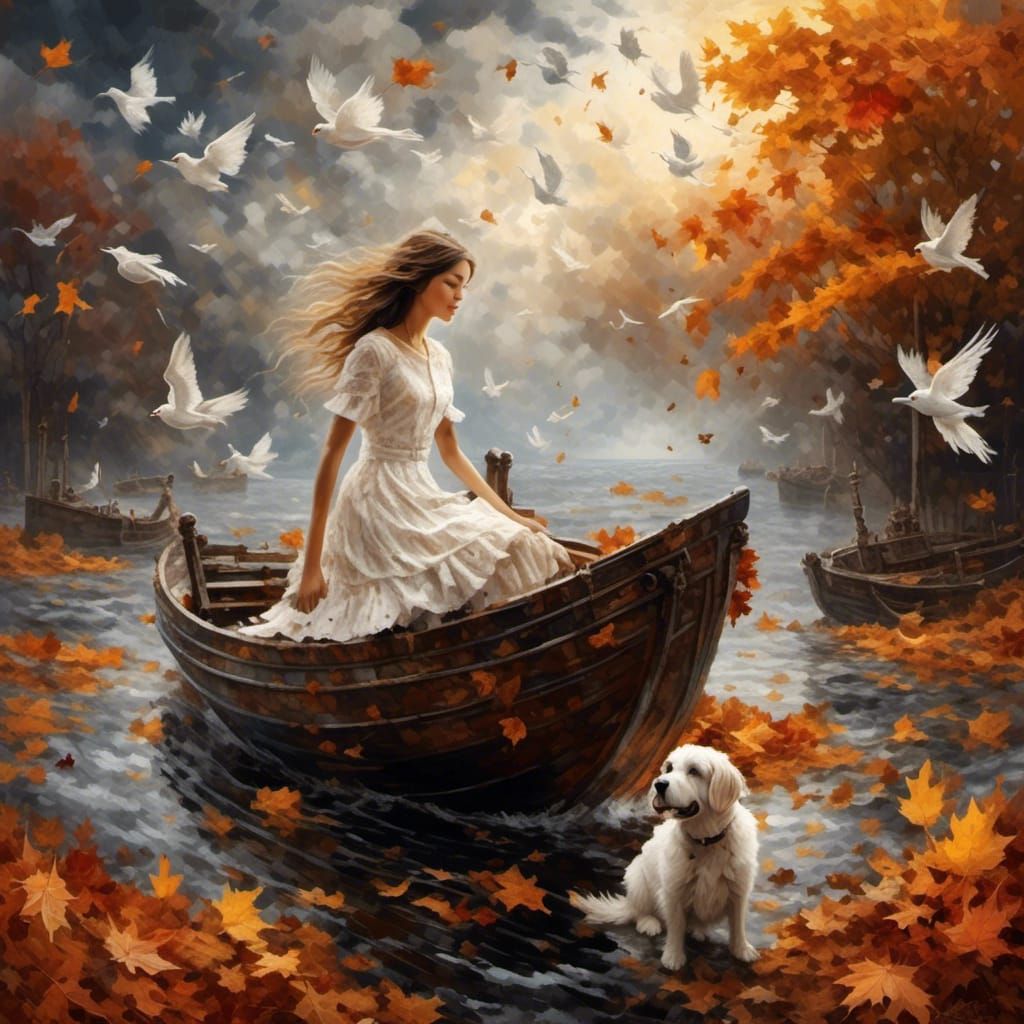Girl and Dog in Boat on Autumn Leaf Ocean