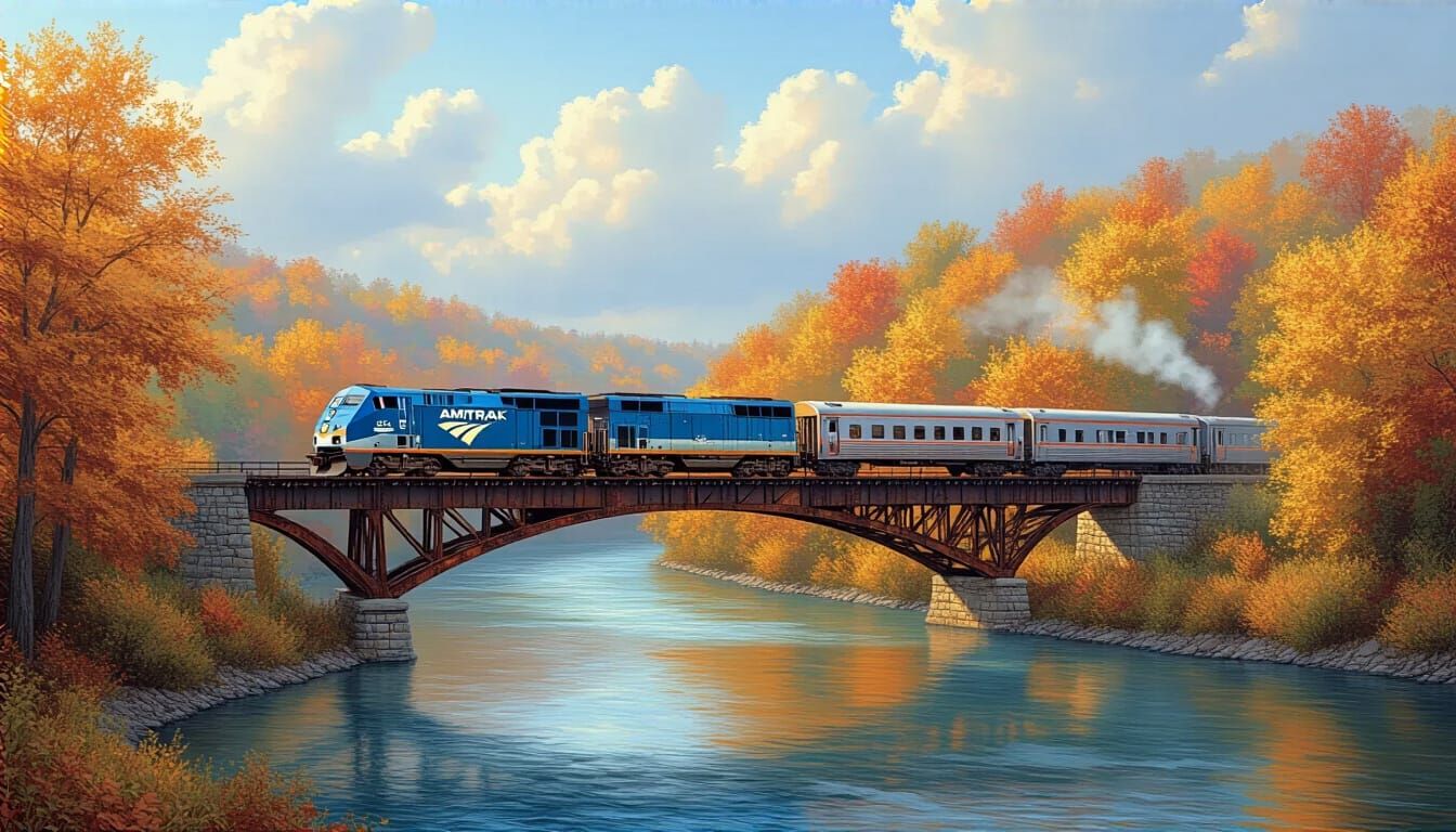Amtrak Train Crosses Autumn Bridge in Vibrant Landscape