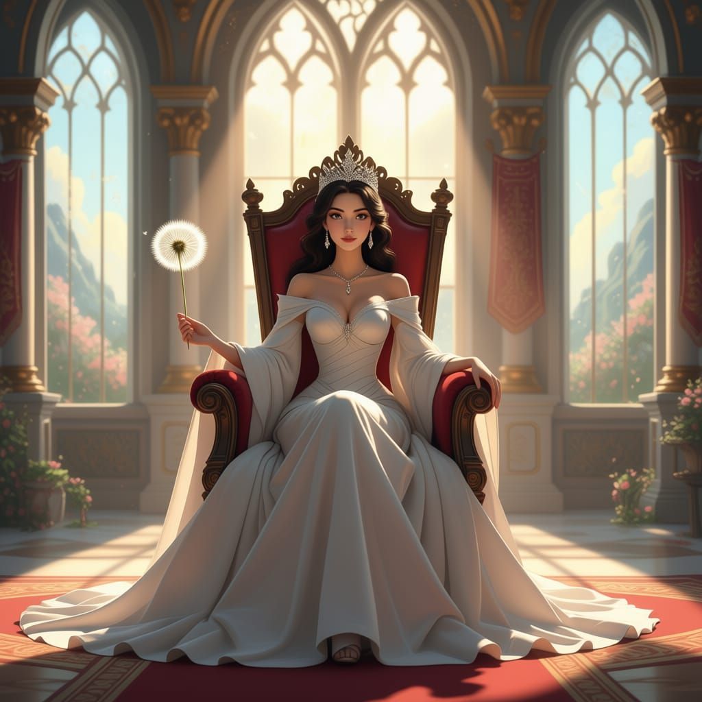 Regal Queen in Enchanted Ballroom with Floating Dandelion Se...