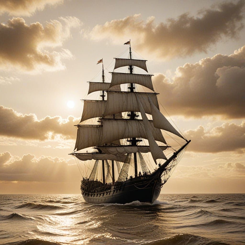 Black Tall Ship on Shimmering Waters in Ink Wash Style