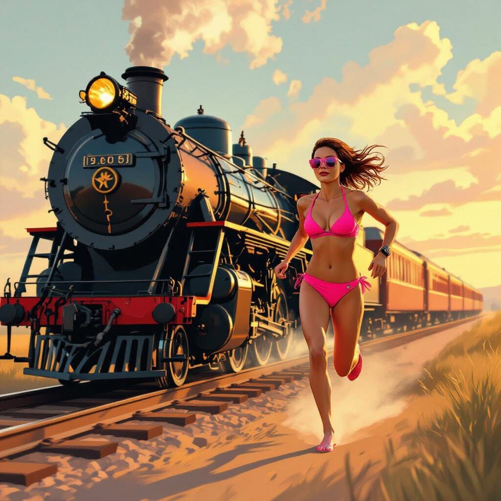 Girl Chasing Train in a Retro-Futuristic Style