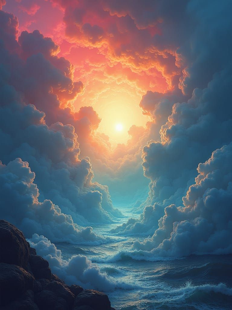 Surreal Mushroom Sea with Rainbow Maelstrom Clouds