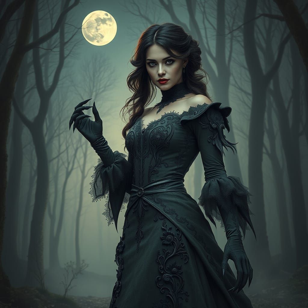 Moonlit Dark Fantasy Woman in Victorian Gown