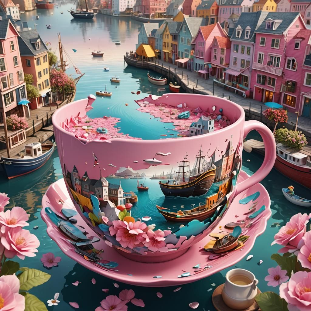 Harbor Scene Inside Broken Pink Teacup