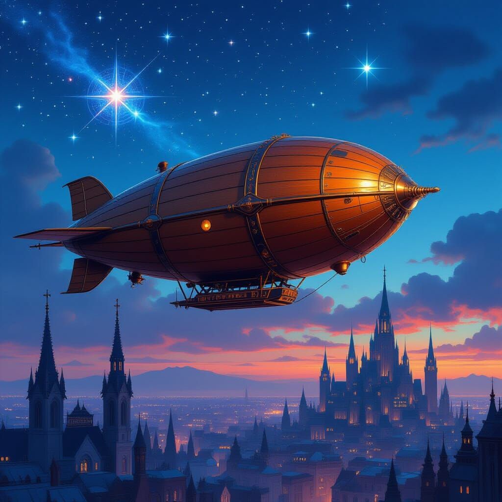 Dirigible Over Gothic City, Matte Painting Style