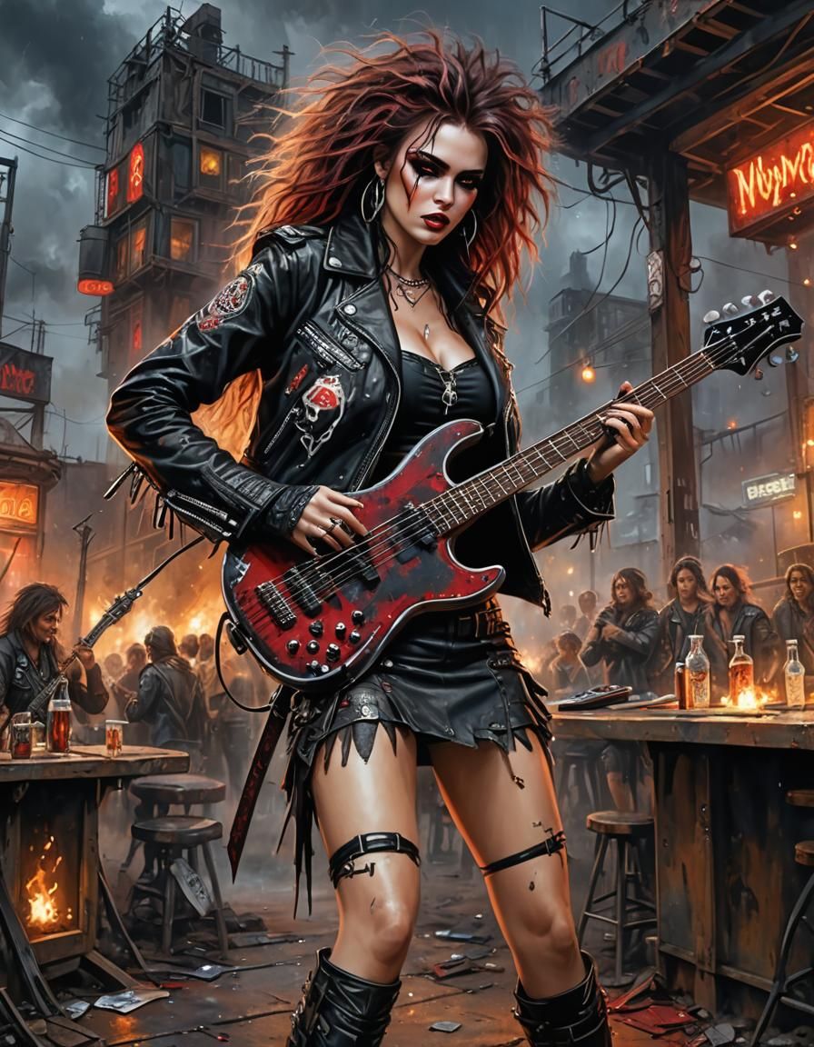 Post-Apocalyptic Rocker Girl Playing Bass Guitar