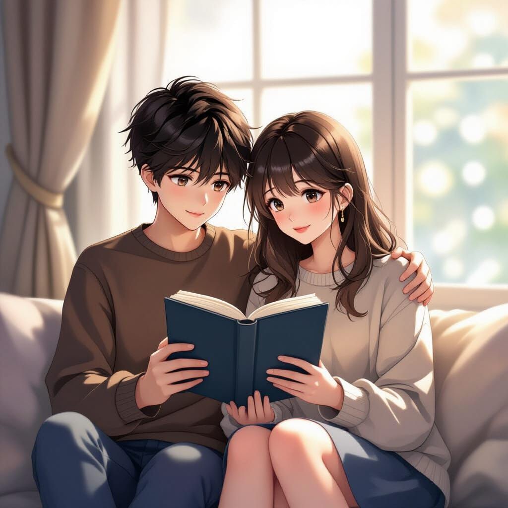 Young Couple Shares Book in Romantic Anime Style
