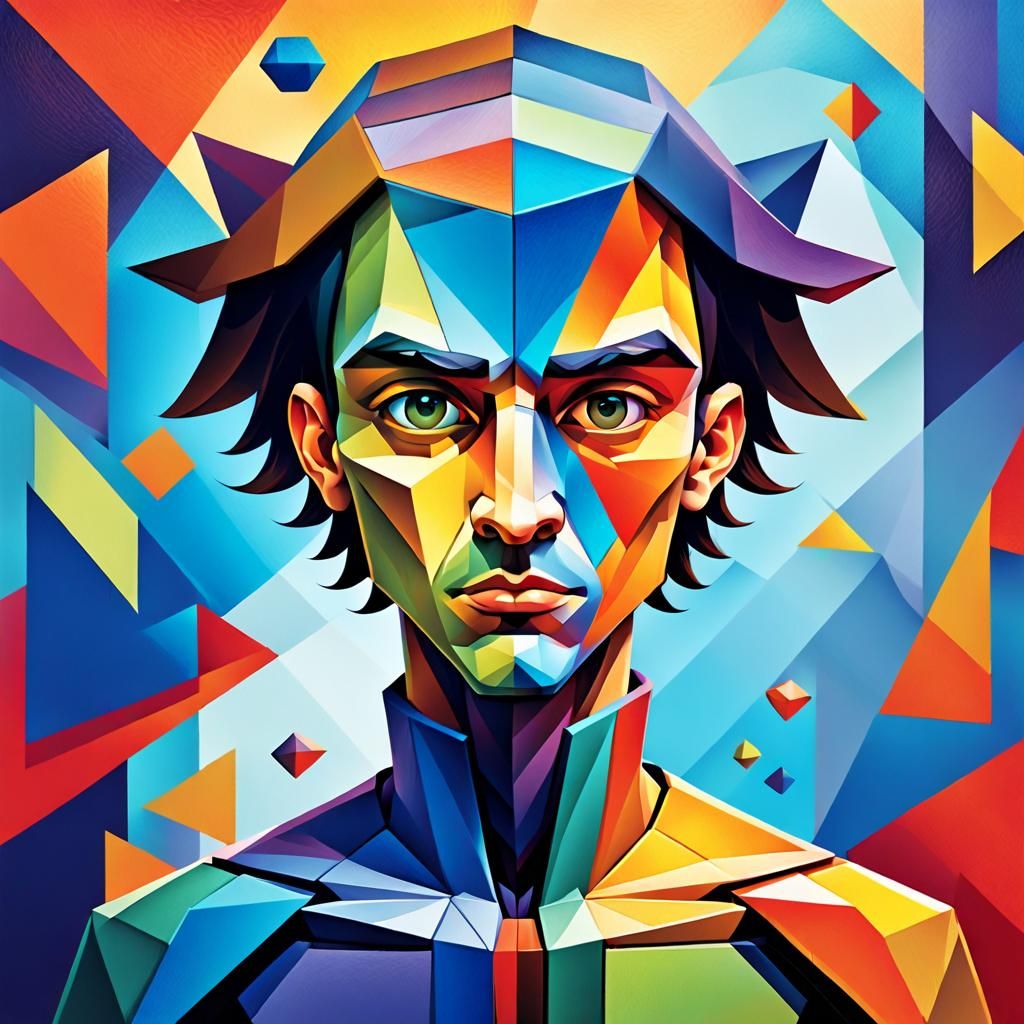 Geometric Cubism: Human Figure Merging with Number 6