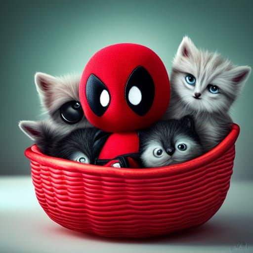 Deadpool Plushy Toy with Kittens in Cosmic Setting