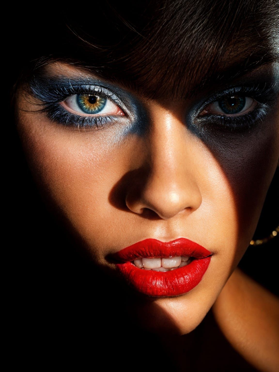 Woman in Dramatic Lighting, Glittery Eyeshadow, and Metallic...