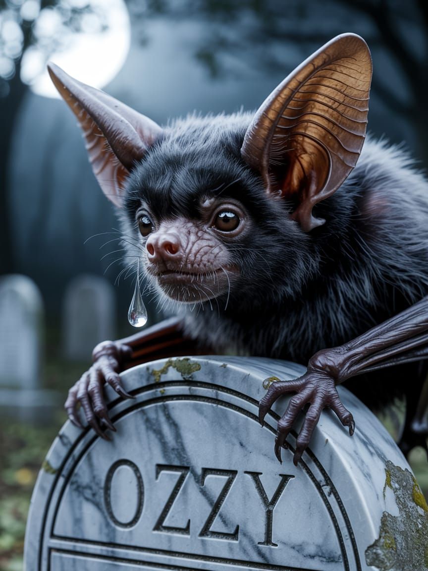 Sad Bat Perched on Tombstone in Gothic Style