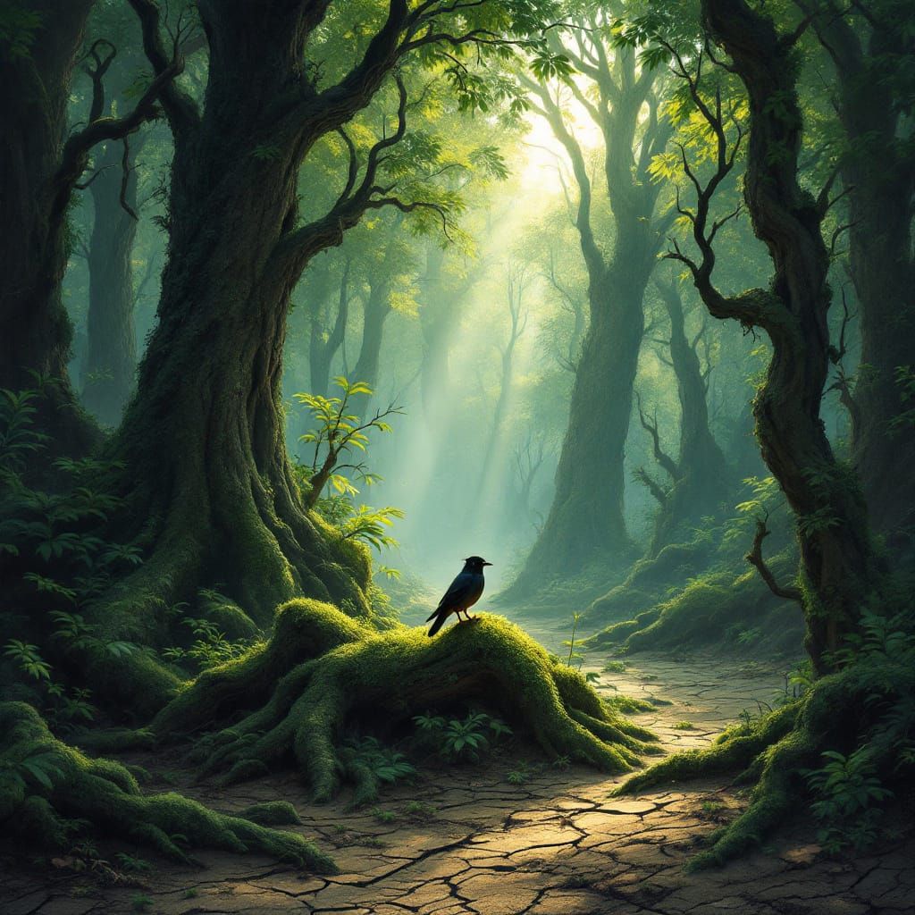 Dawn Light Illuminates Bird in Dense Forest