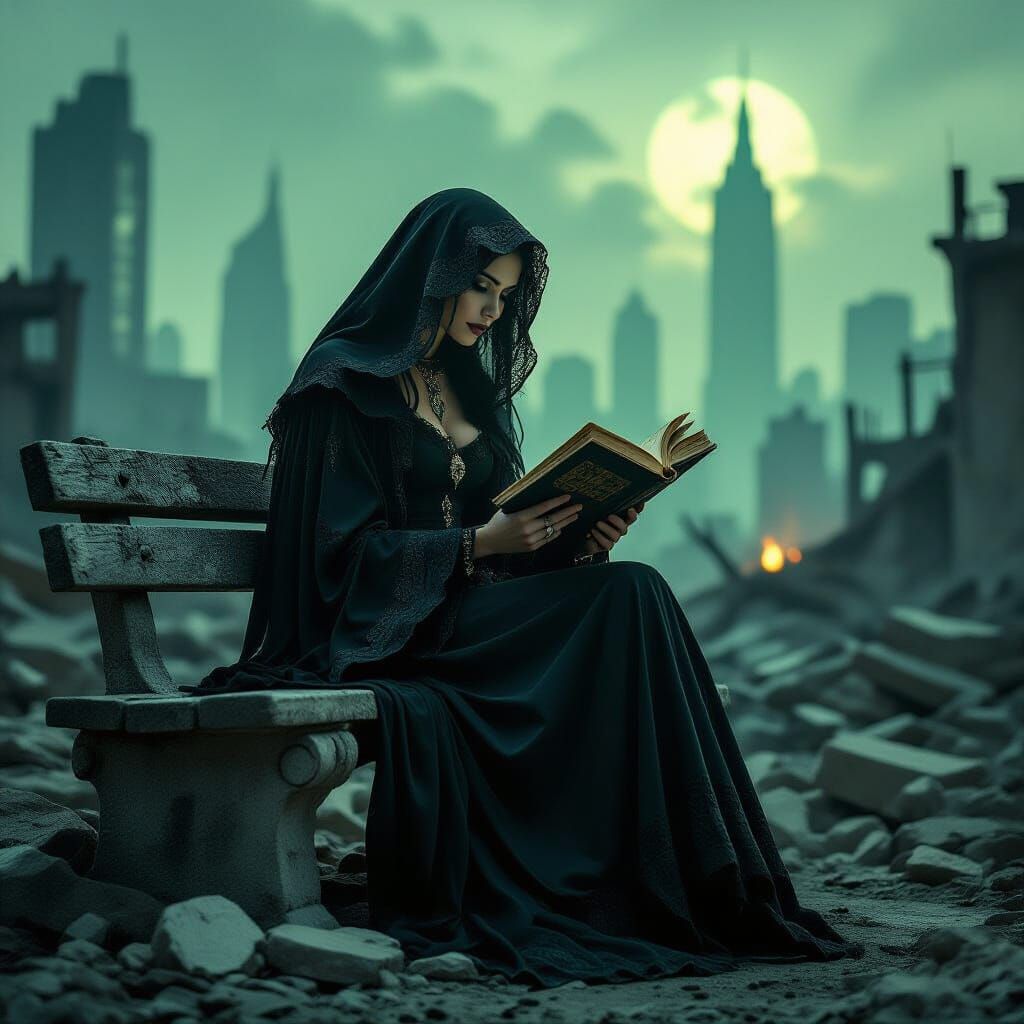 Gothic Reader in Post-Apocalyptic Cityscape