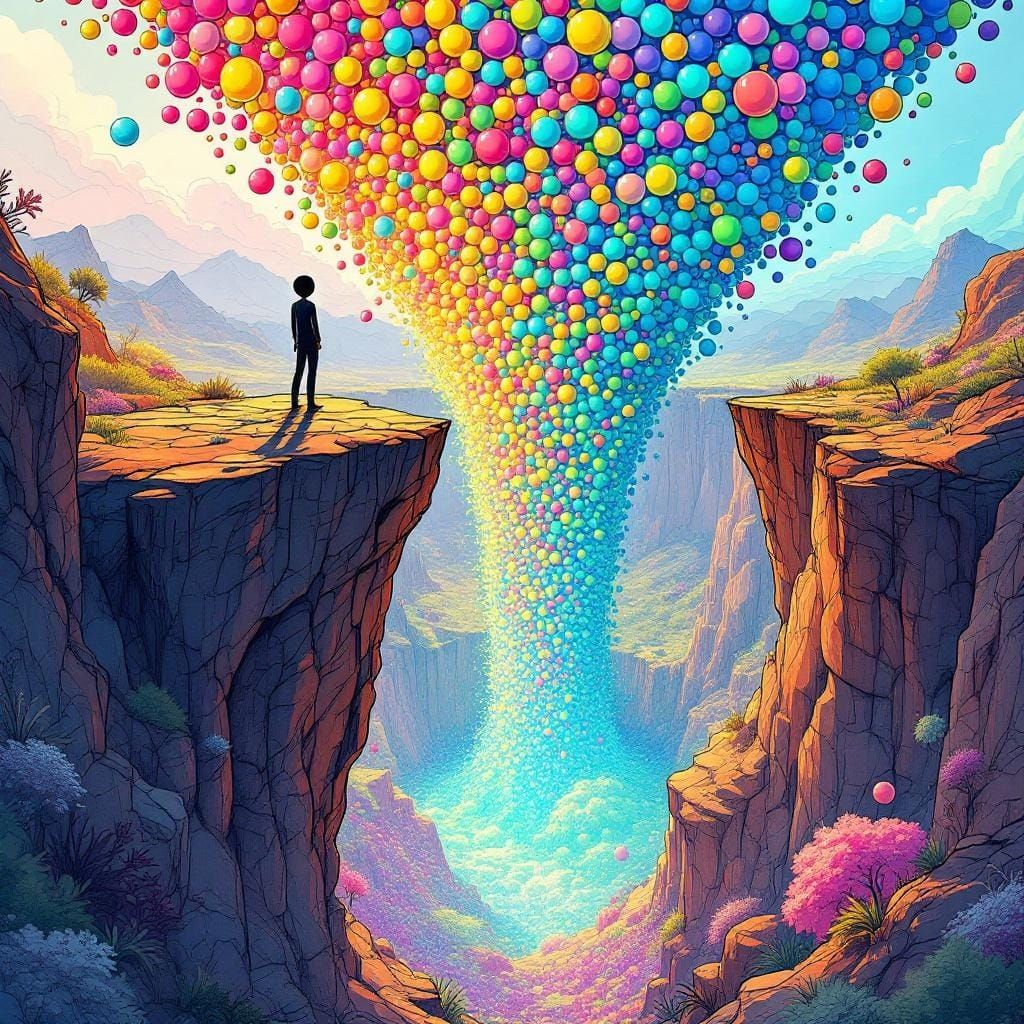 Stick Figure in Surreal Landscape with Erupting Spheres