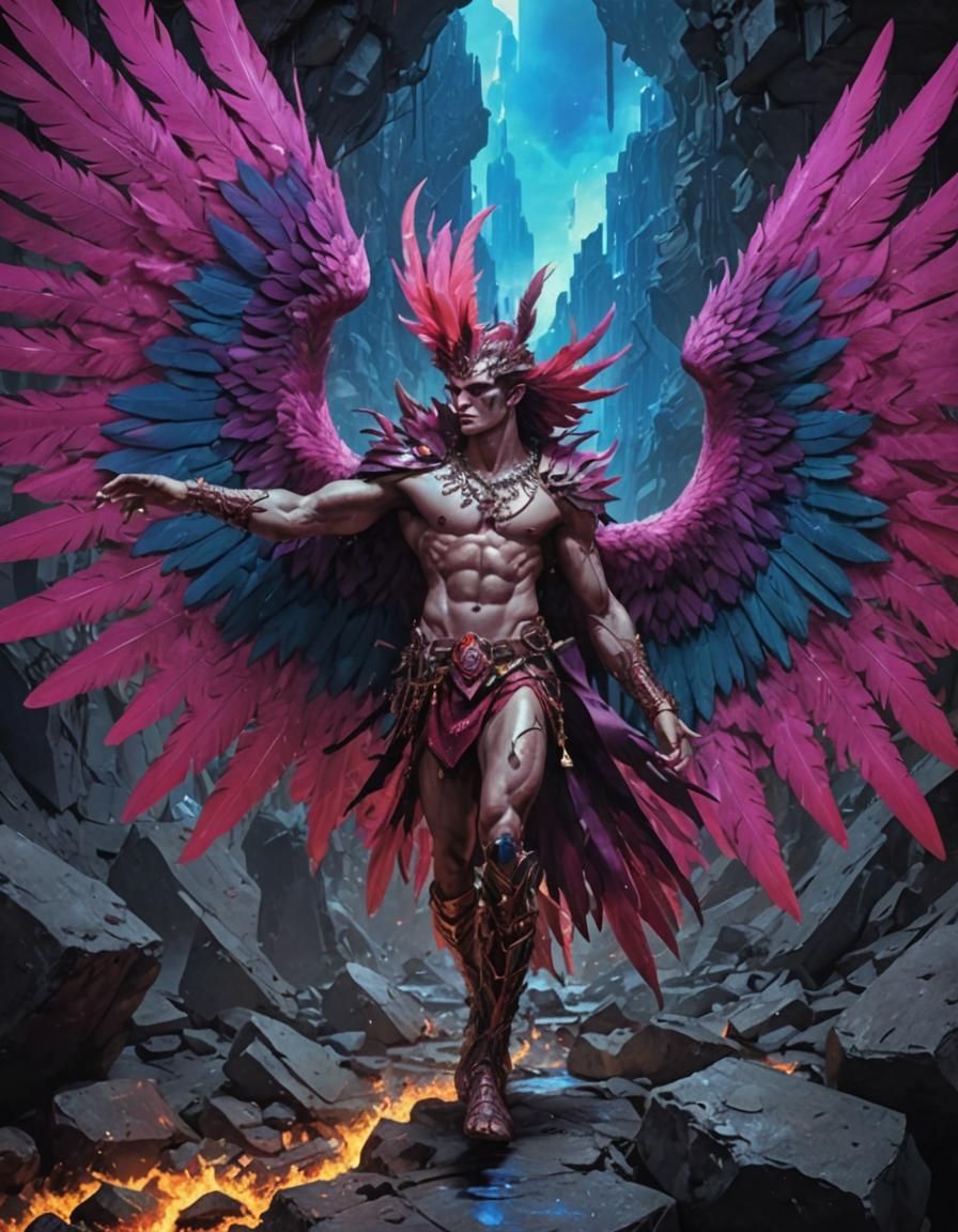 Shirtless Fire Harpy in Glitched Neofuturistic Setting