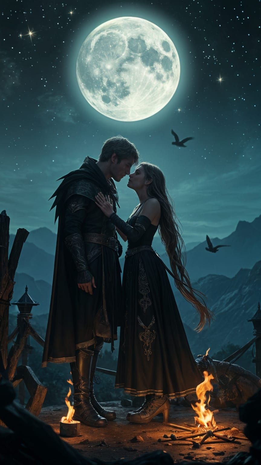 Adventurers' Shadows Stealing a Kiss by Moonlight