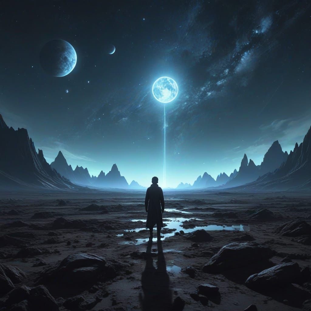 Cosmic Horror: Figure Gazing at Geometric Sky