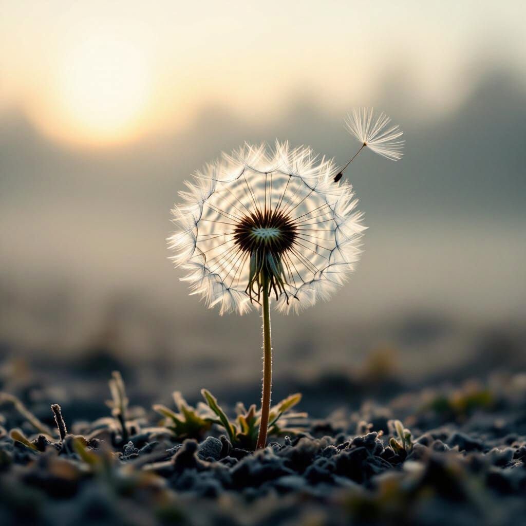 Solitary Dandelion Seed Head in Foggy Dawn Landscape