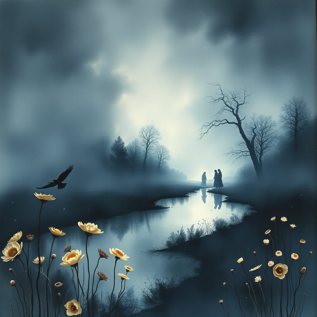 Dreamlike Watercolor Landscape Blending Mist and Shadow