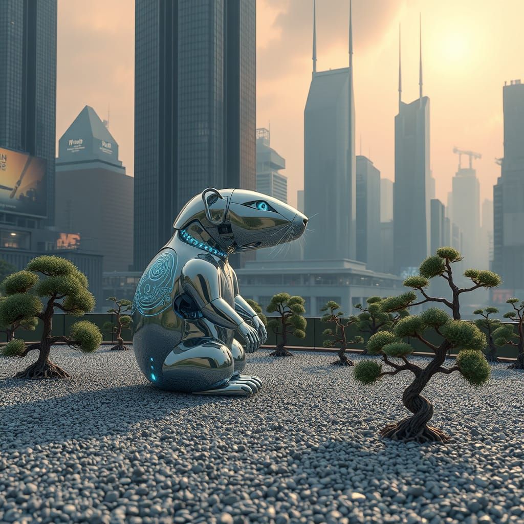 Cyberpunk Robot Capybara in Zen Garden