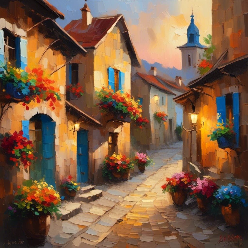Picturesque Medieval Village Street at Dusk: Oil Painting