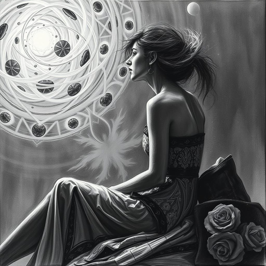 Contemplative Woman Surrounded by Ethereal Lights in Charcoa...