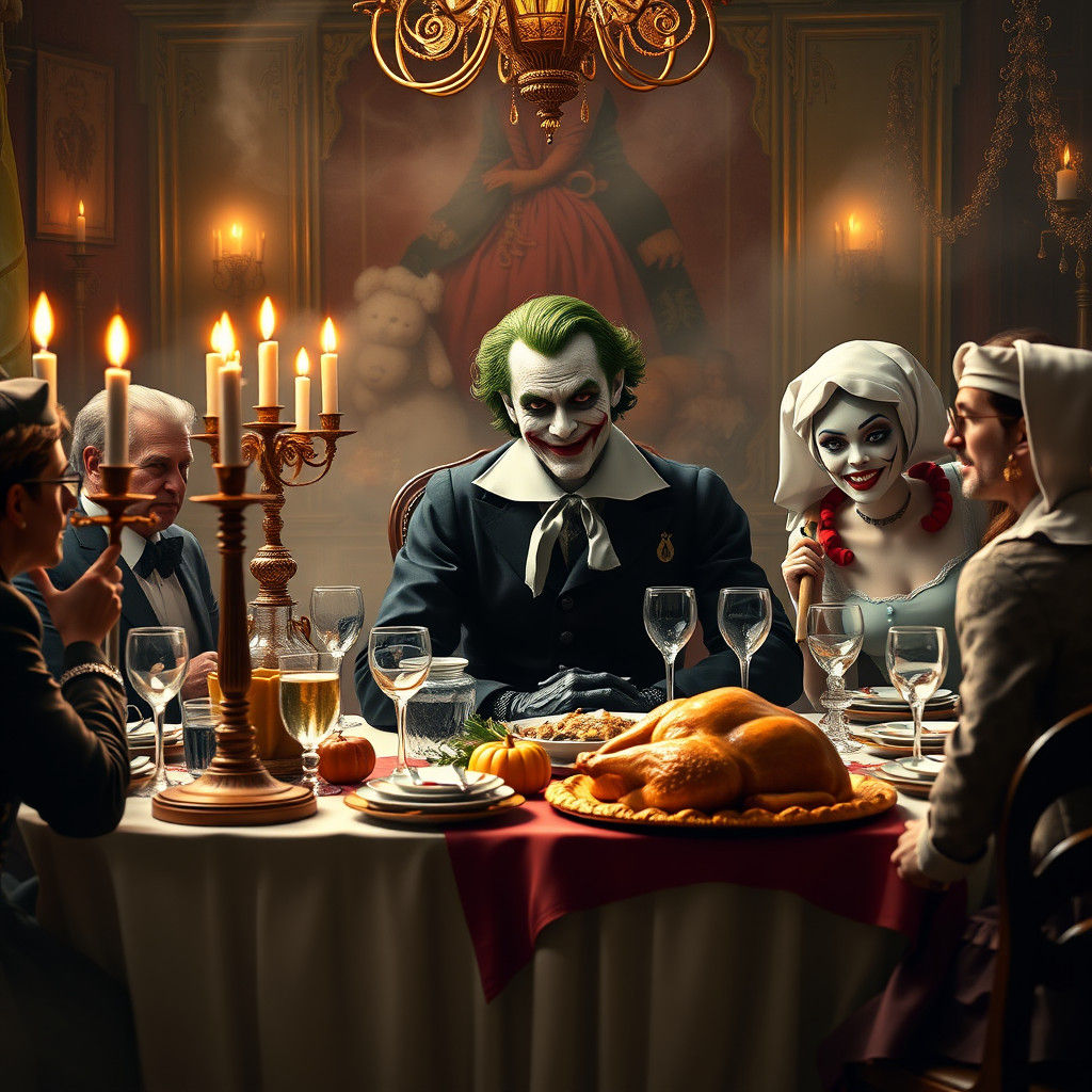 Joker's Whimsical Thanksgiving Feast in Kinkade Style