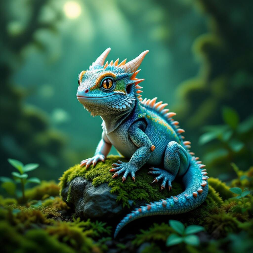 Tiny Gecko Dragon with Bioluminescent Fungi