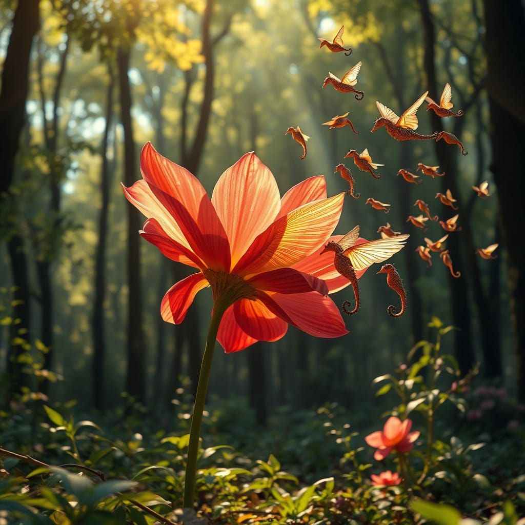 Vibrant Floral Metamorphosis: Flying Horses and Seahorses in...