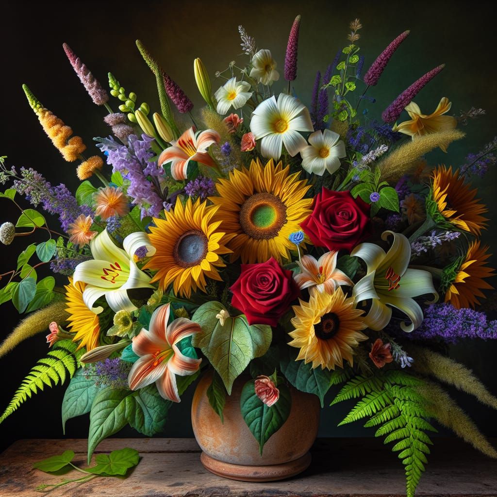 Vivid Flower Arrangement in Rustic Vase