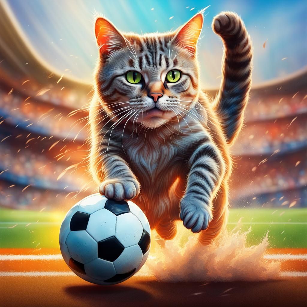 Hyperrealistic Cat Plays Soccer: Splash Art Style