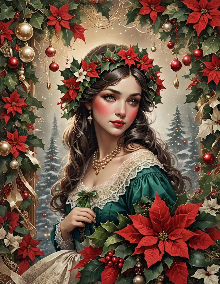 Vintage Christmas Girl with Holly and Ribbons