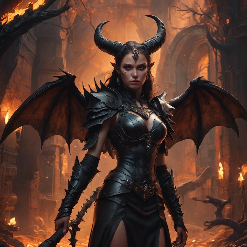 Mystical Woman with Wings and Horns in Dark Fantasy Art