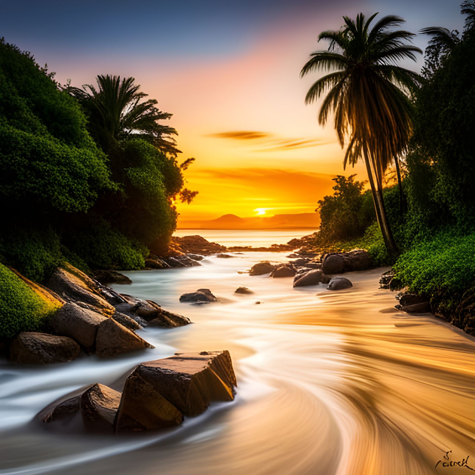 Hyperrealistic Tropical Beach Sunset Scenery