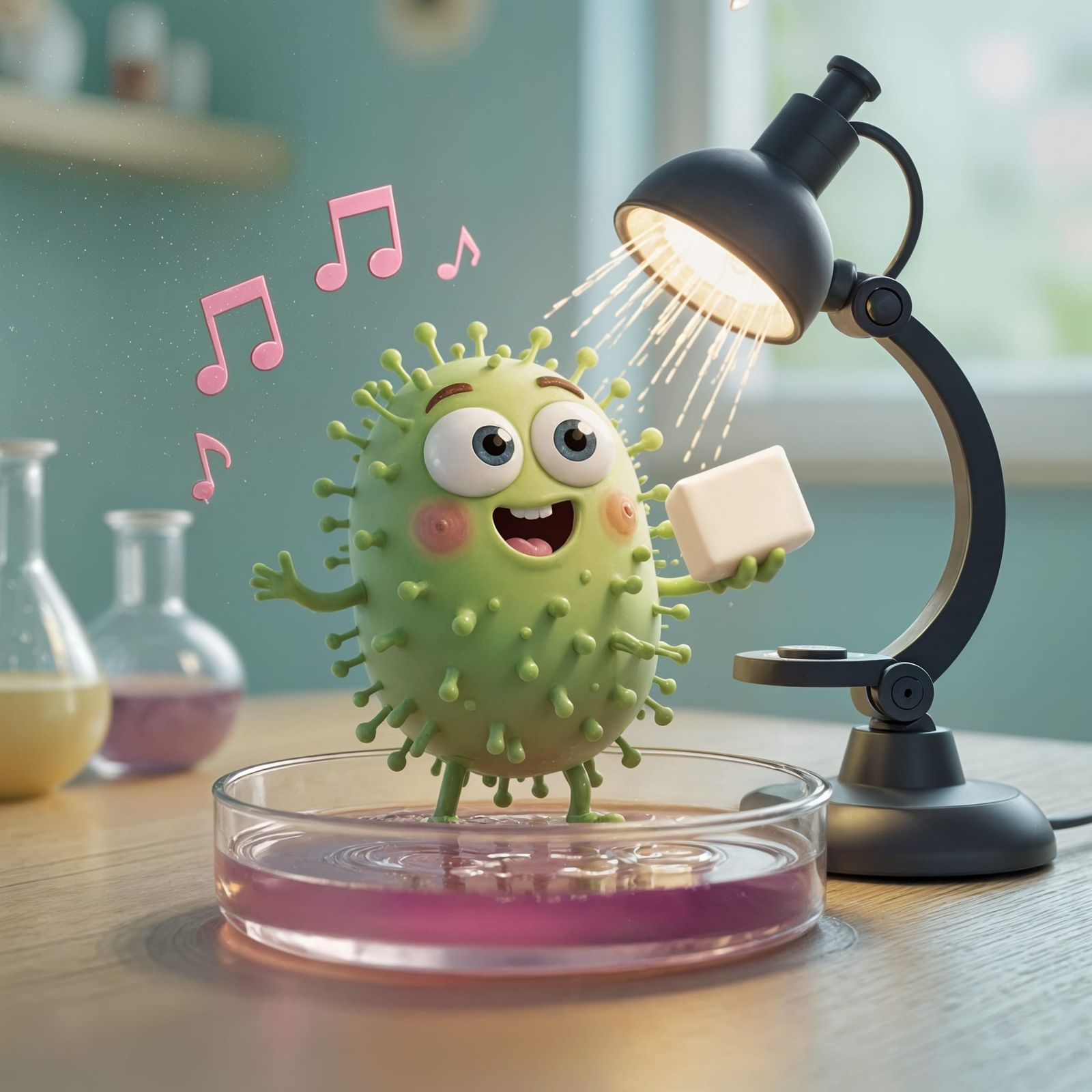 Cheerful Cartoon Bacterium Sings in Petri Dish