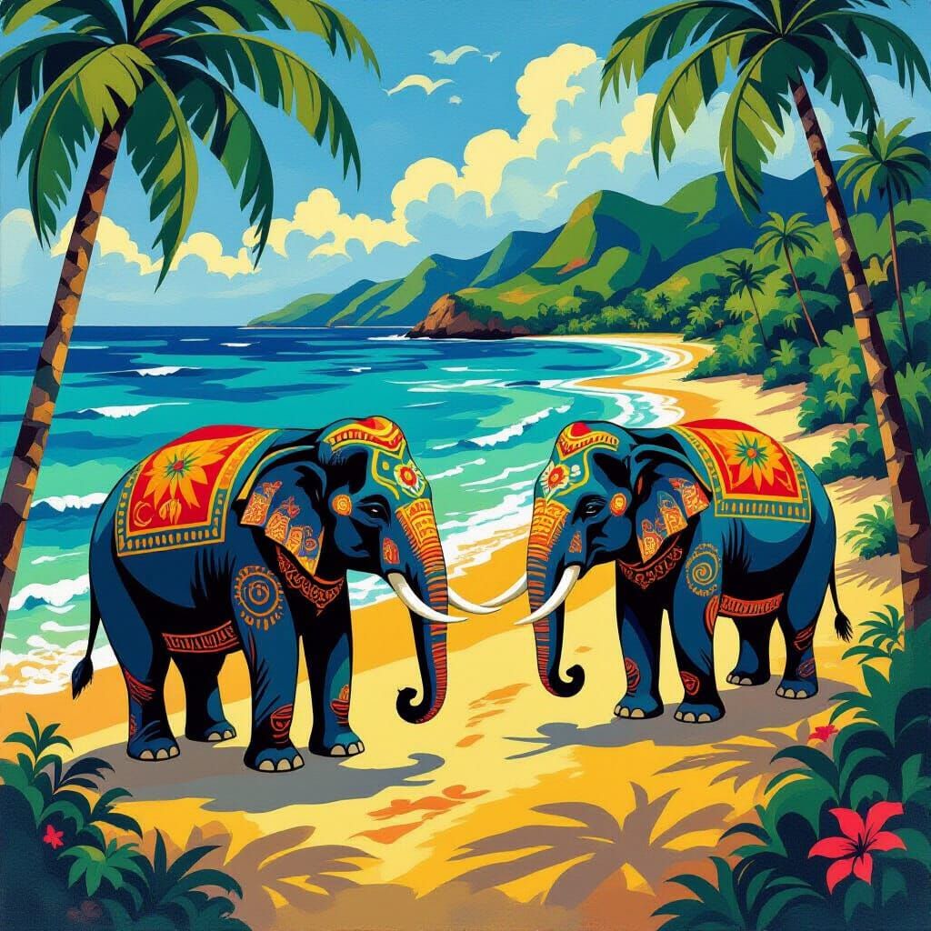 Elephants Roam Tropical Island in Gauguin Style