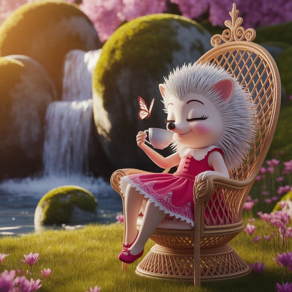 Hedgehog Girl Enjoys Tea in Sunlit Garden