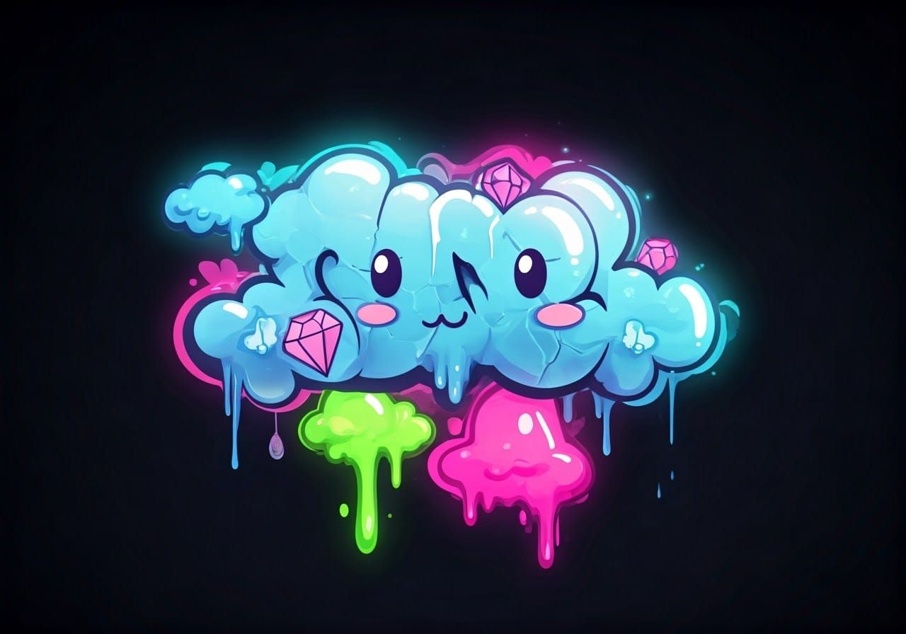 Kawaii Graffiti Tag with Neon Drips and Gems