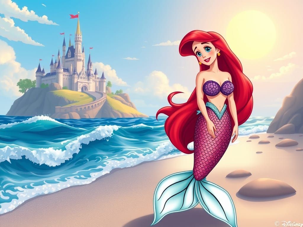 Disney Princess Ariel on Beach with Prince Eric's Castle