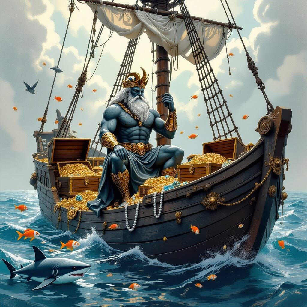 Poseidon on Sunken Treasure Ship: Charcoal Drawing