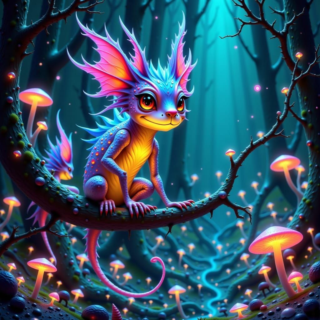 Bioluminescent Creature with Holographic Scales in Alien For...