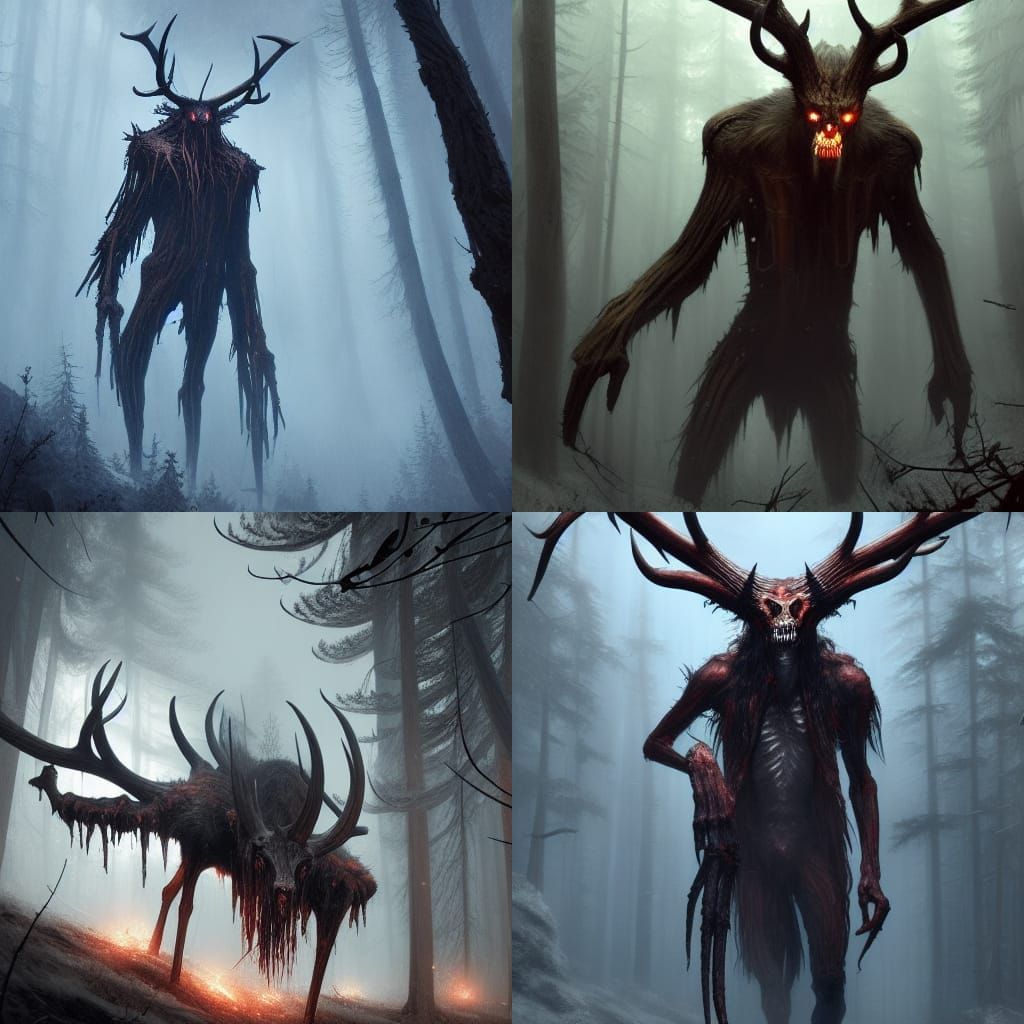 Detailed Wendigo with Antlers in Dark Fantasy Style