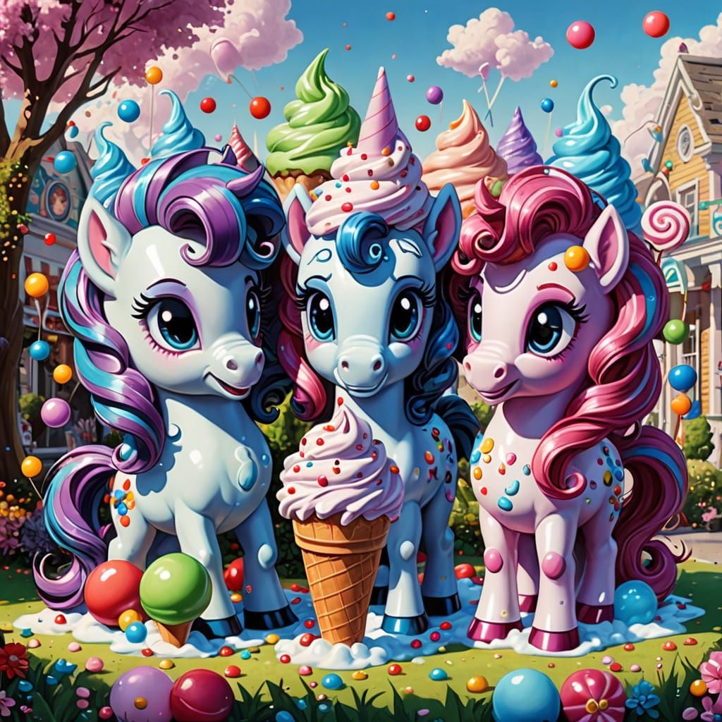 My Little Ponies in a Whimsical Candyland Ice Cream Parlor