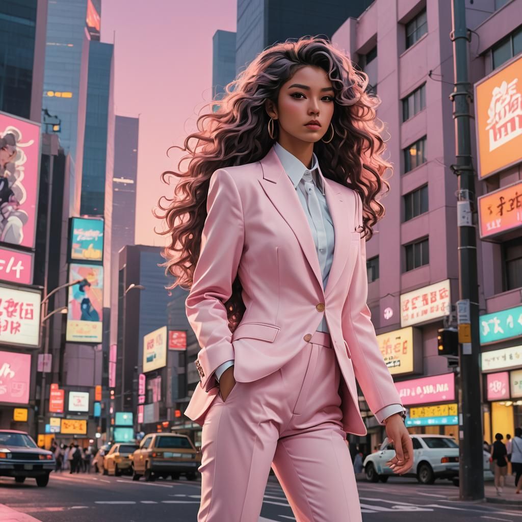 80s Anime Mafia Lady in Pastel Cityscape